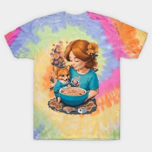 Corgi Mom's Ramen and Floral Serenity T-Shirt